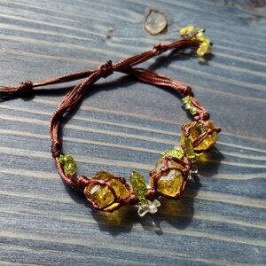 Golden Honey Forest Bracelet Adjustable Brown Macrame Cord with Amber Glass Bead
